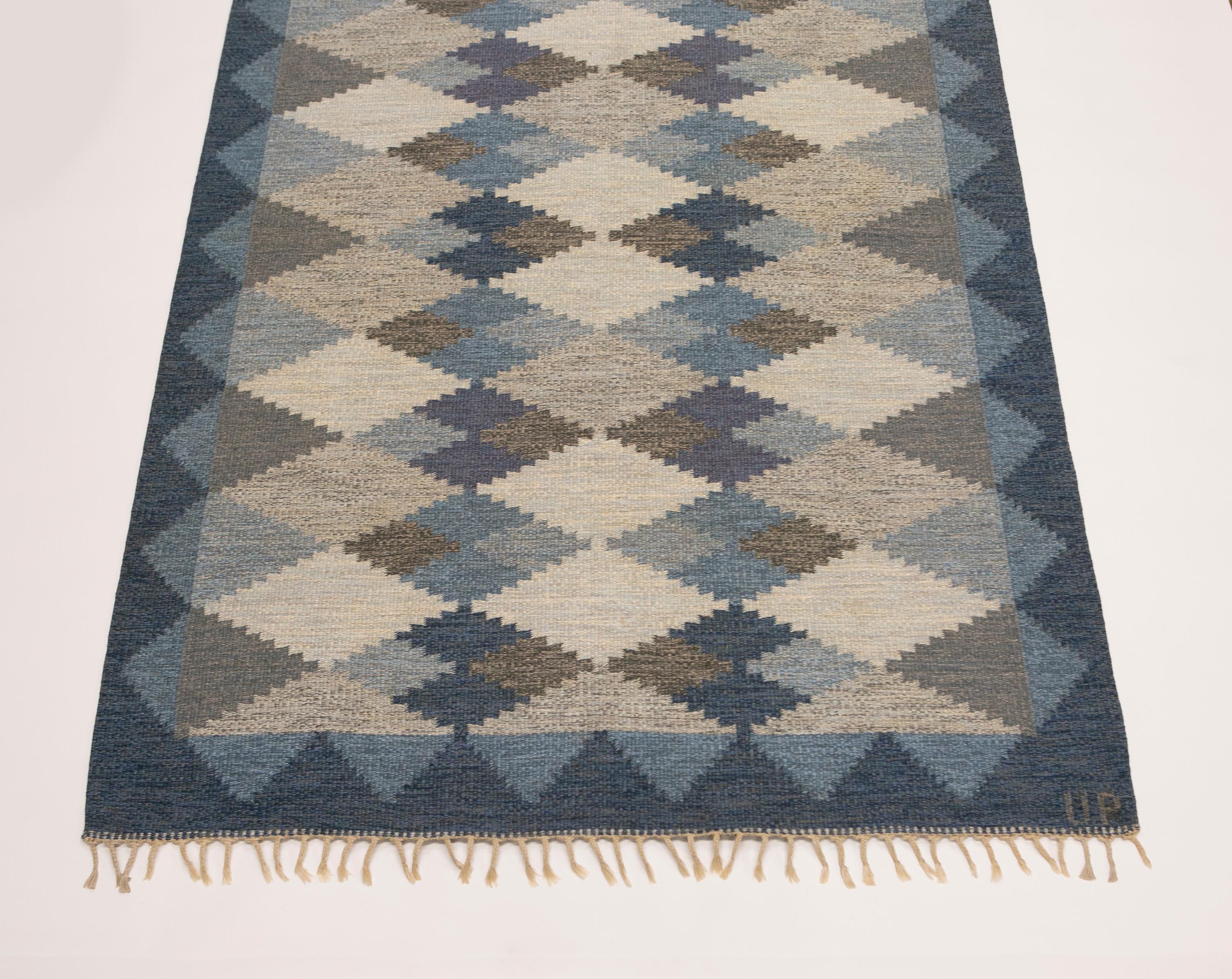 European  Ulla Parkdal Blue Grey Swedish Flat Weave Hand Woven Rug - Sweden, Swedish 1960 For Sale