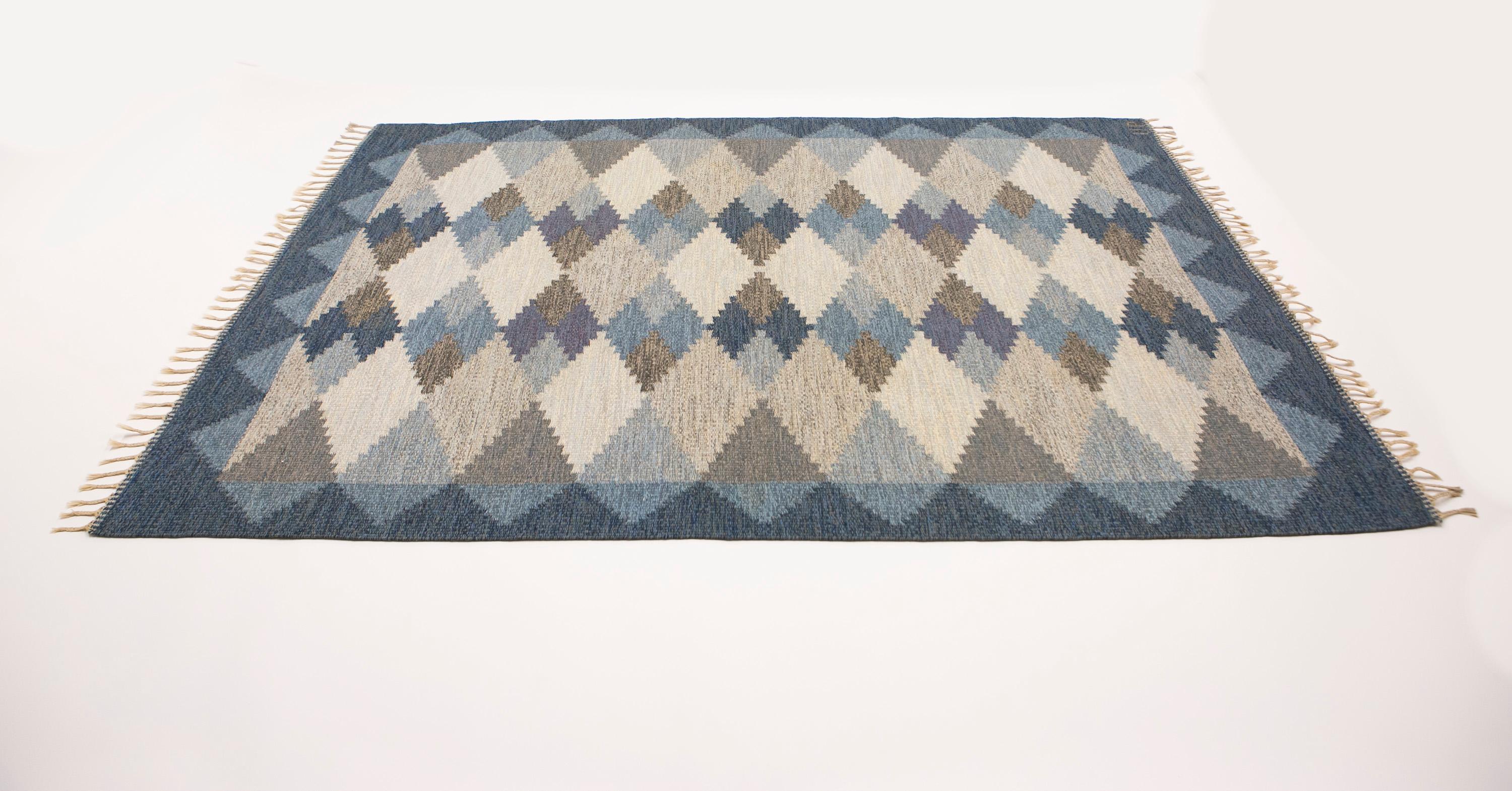  Ulla Parkdal Blue Grey Swedish Flat Weave Hand Woven Rug - Sweden, Swedish 1960 In Good Condition For Sale In Los Angeles, CA