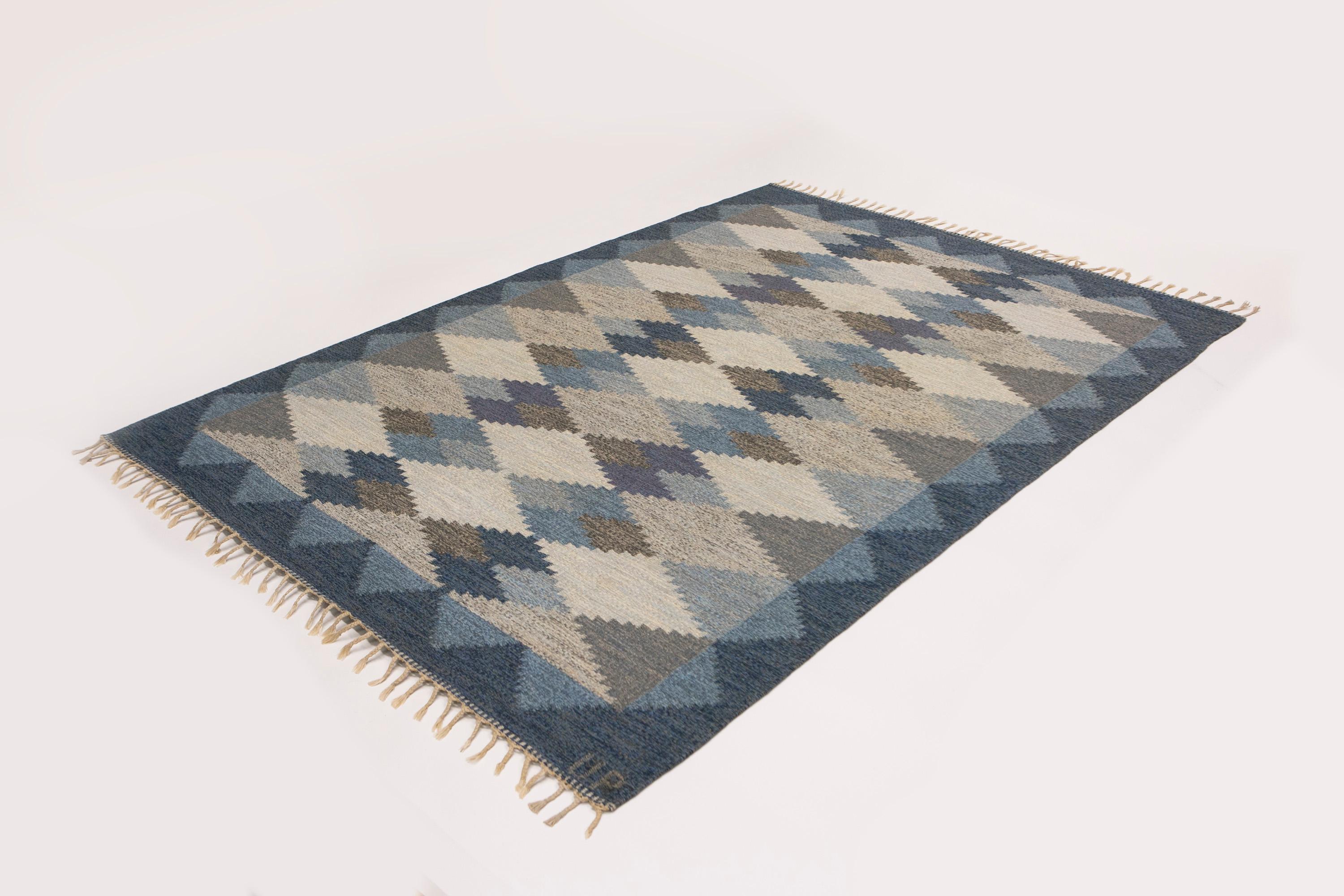 Wool  Ulla Parkdal Blue Grey Swedish Flat Weave Hand Woven Rug - Sweden, Swedish 1960 For Sale