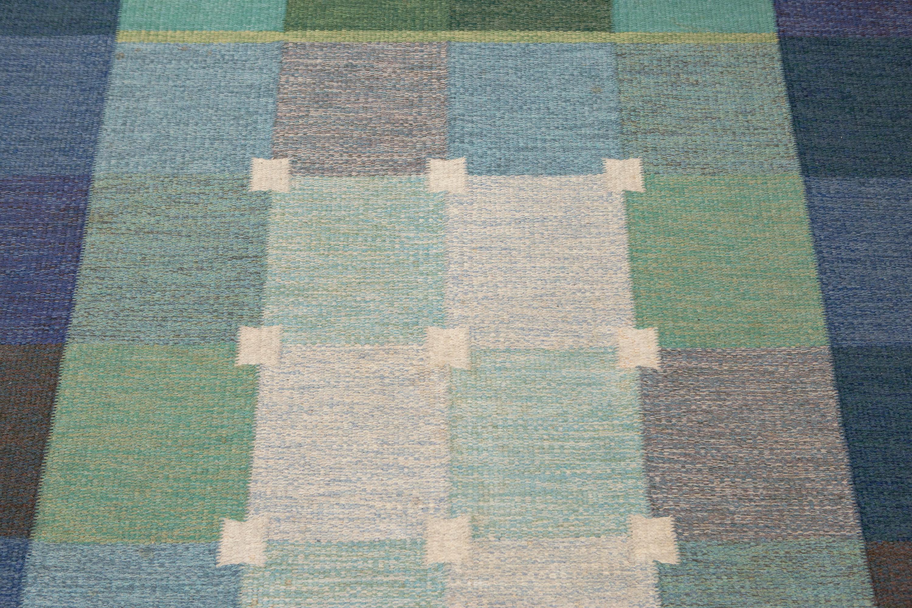 Ulla Parkdal Blue + Purple Swedish Flate Weave Rug, Sweden 1960s For Sale 6