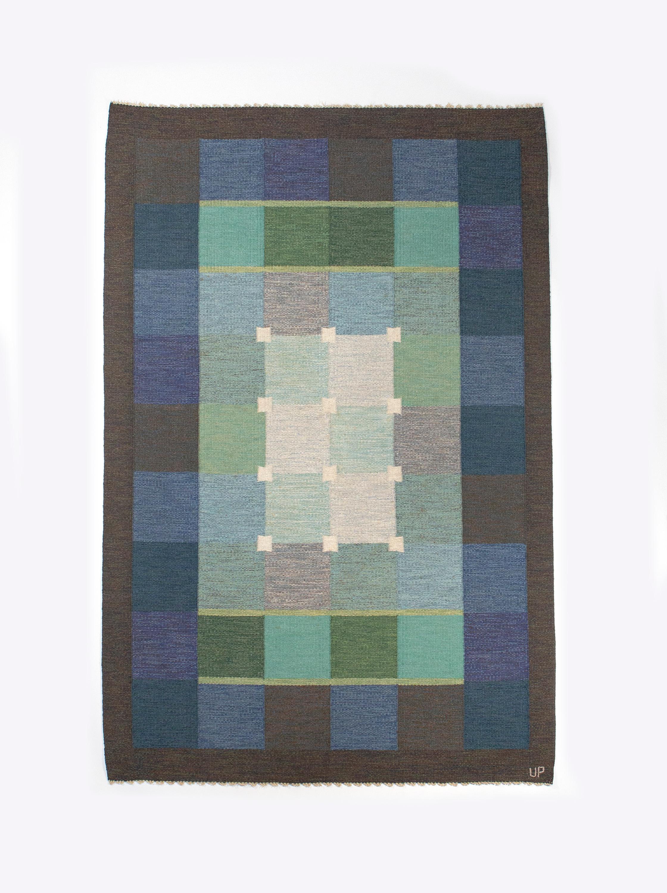 Ulla Parkdal blue + purple Swedish flate weave rug, Sweden 1960s, measures: 7' 10