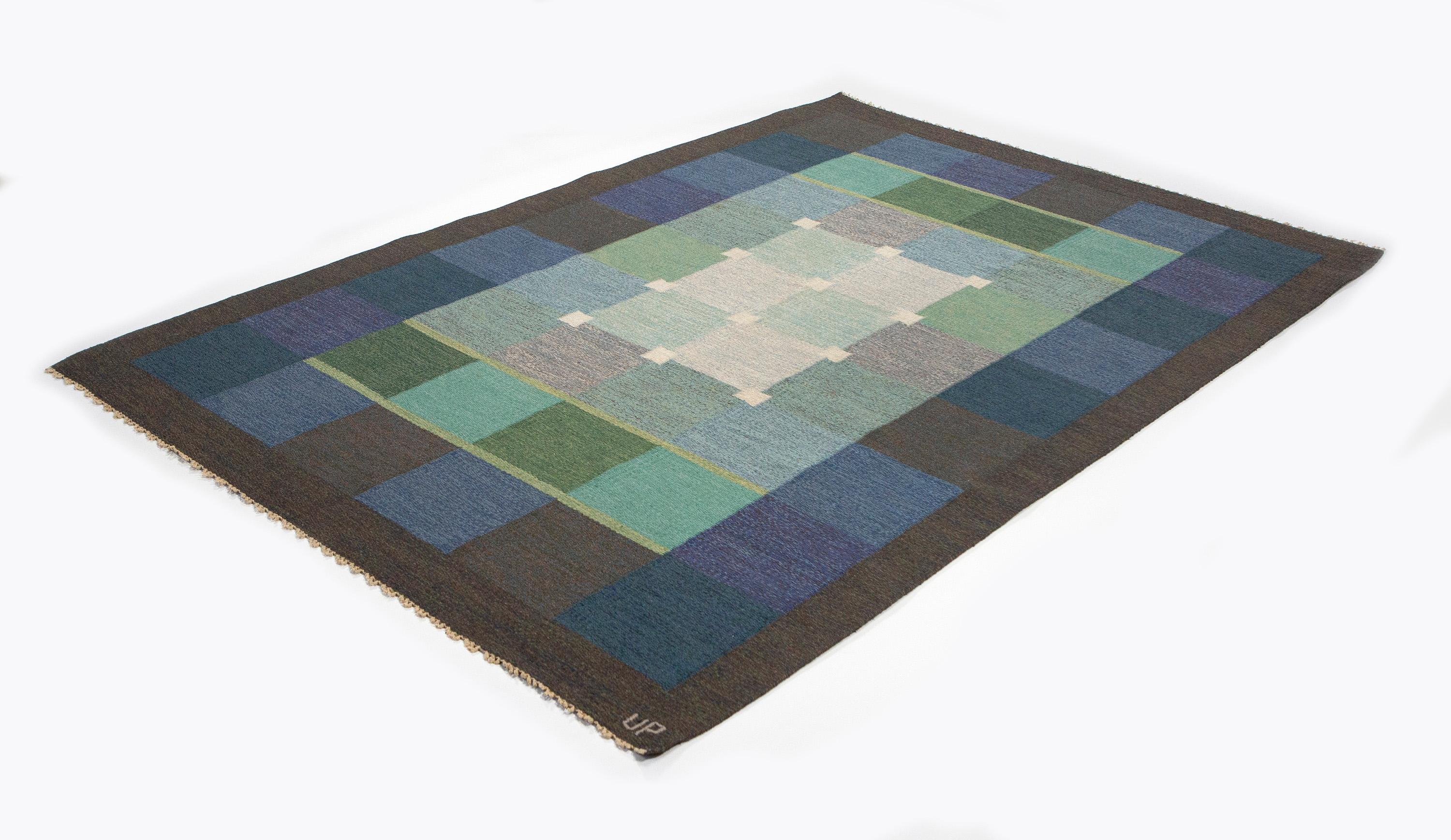 Scandinavian Modern Ulla Parkdal Blue + Purple Swedish Flate Weave Rug, Sweden 1960s For Sale