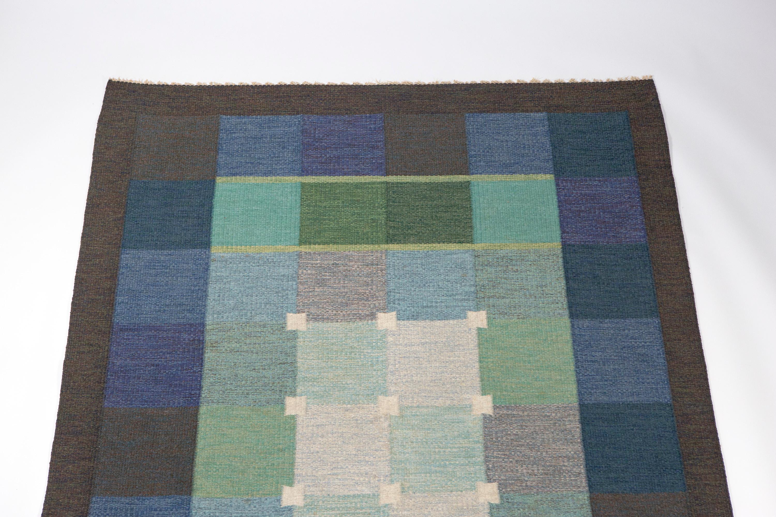 20th Century Ulla Parkdal Blue + Purple Swedish Flate Weave Rug, Sweden 1960s For Sale