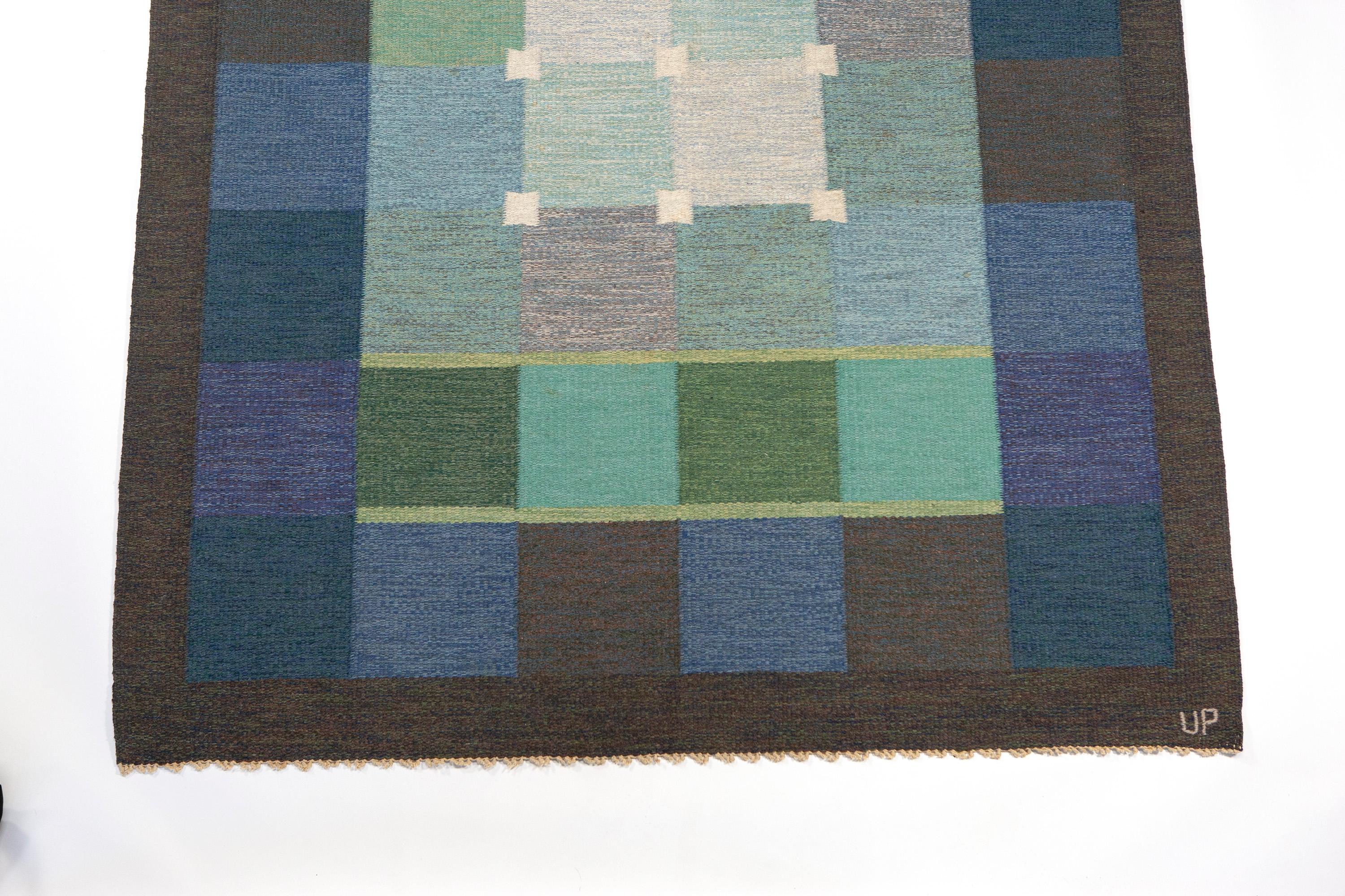 Wool Ulla Parkdal Blue + Purple Swedish Flate Weave Rug, Sweden 1960s For Sale