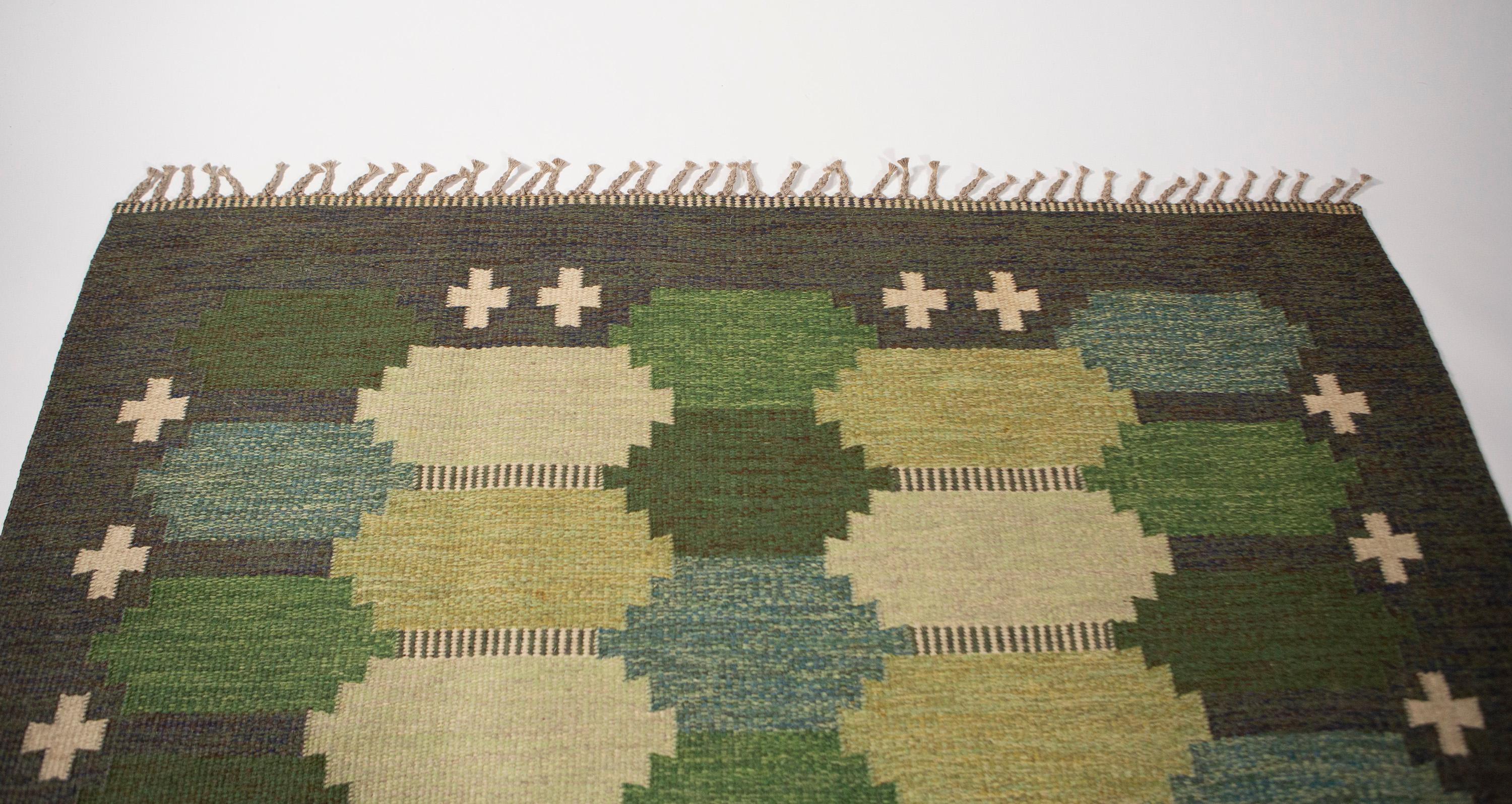 Ulla Parkdal Green Swedish Flat Weave Hand Woven Rug Signed Up Sweden, 1960's 3