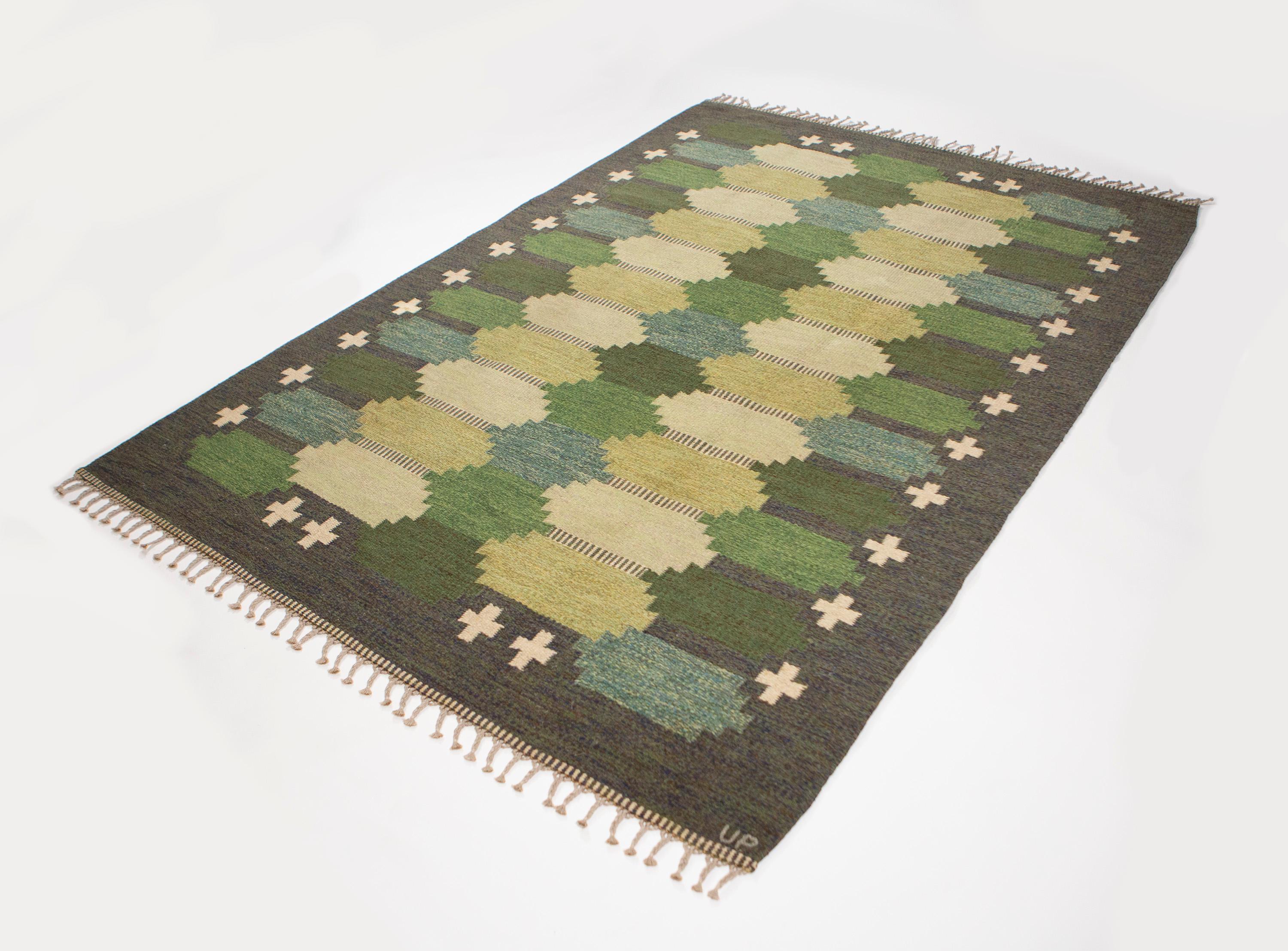 Ulla Parkdal Green Swedish Flat Weave Hand Woven Rug Signed Up Sweden, 1960's

A dark green melange ground with dense rows of stepped medallions in a variety of teal, cream, Olive and ivory nuances. A framework of green geometric shapes.

 