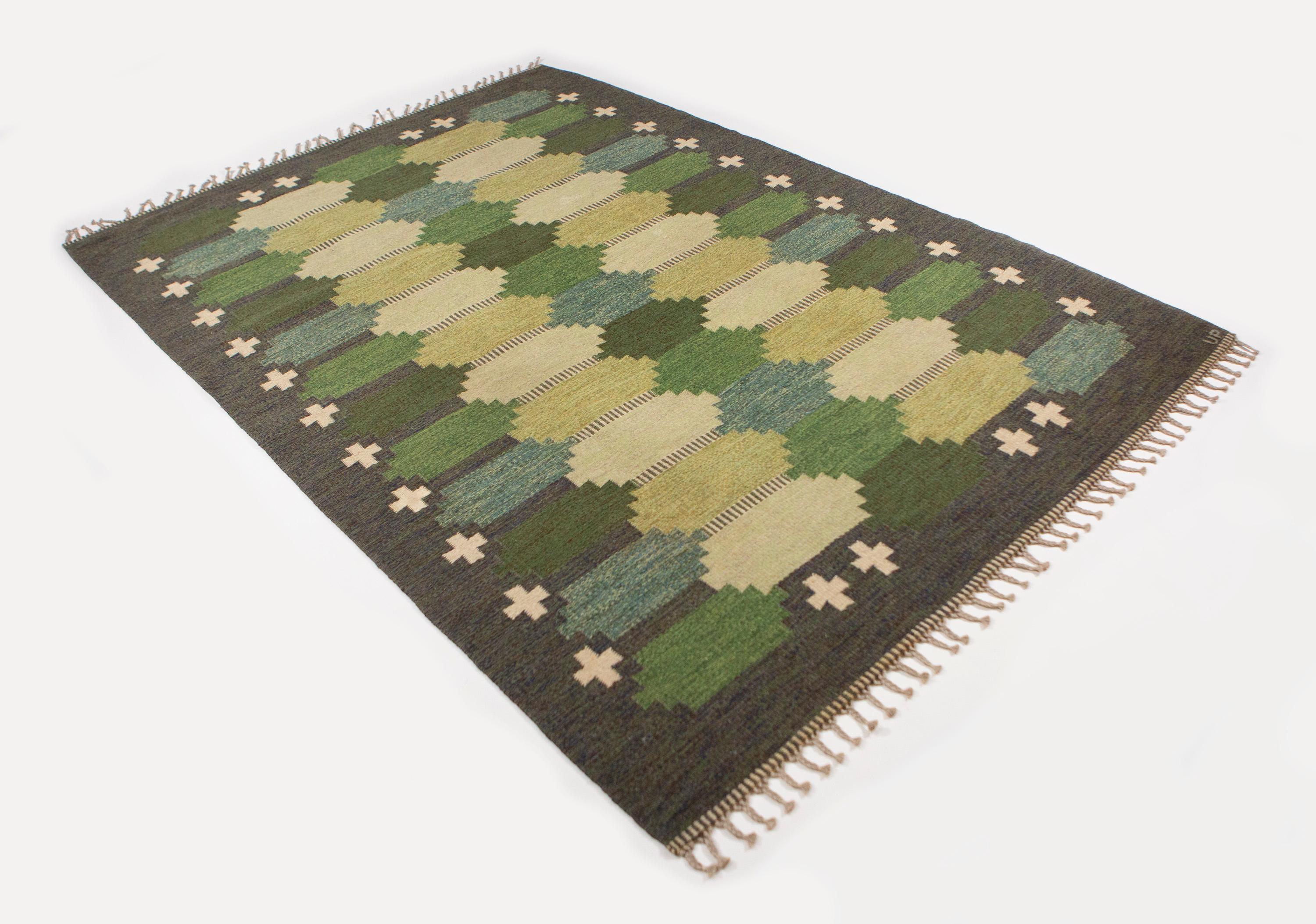 Hand-Woven Ulla Parkdal Green Swedish Flat Weave Hand Woven Rug Signed Up Sweden, 1960's