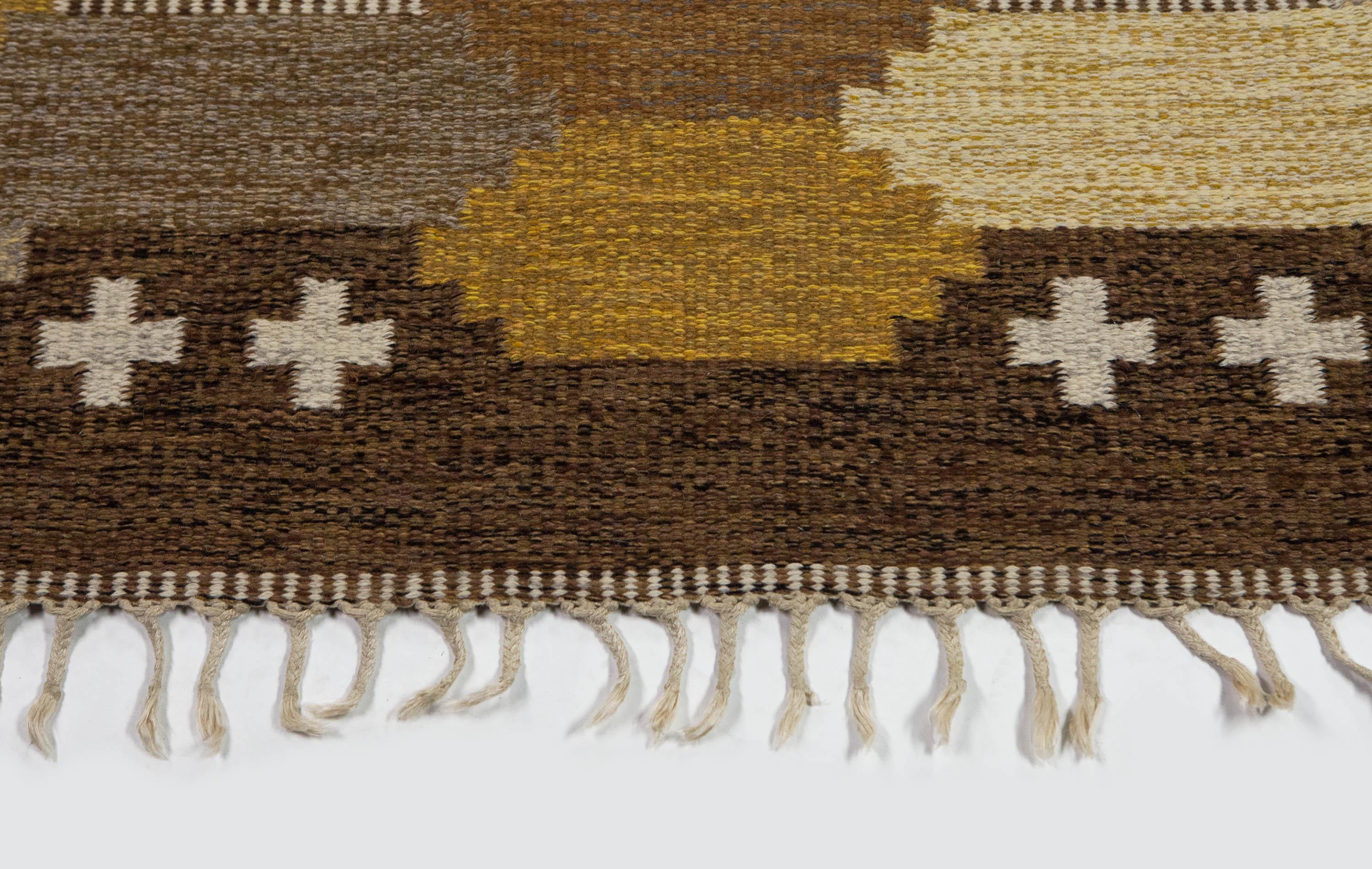 20th Century Ulla Parkdal Brown Swedish Flat Weave Hand Woven Rug Signed Up Sweden, 1960's For Sale