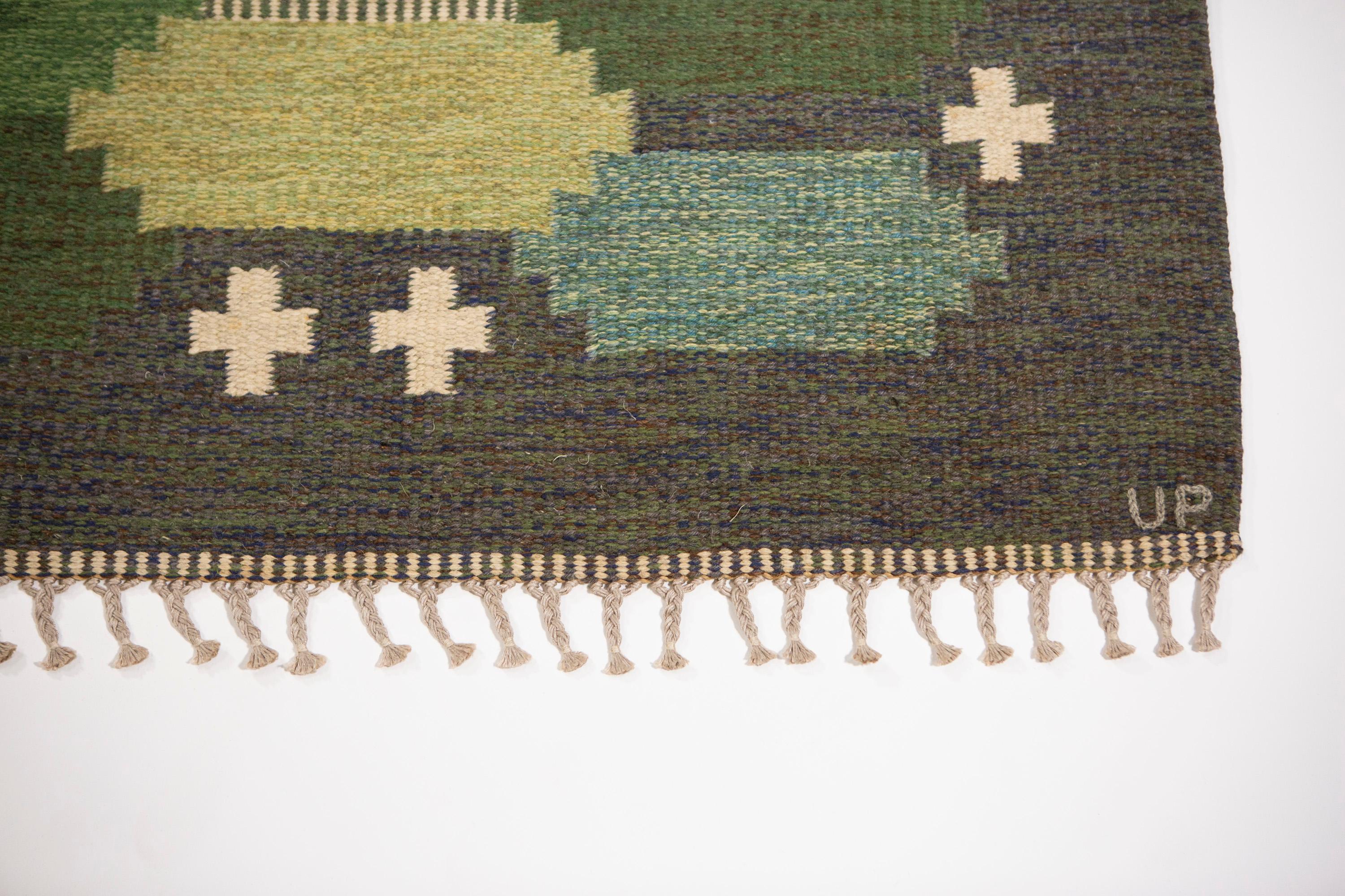 20th Century Ulla Parkdal Green Swedish Flat Weave Hand Woven Rug Signed Up Sweden, 1960's