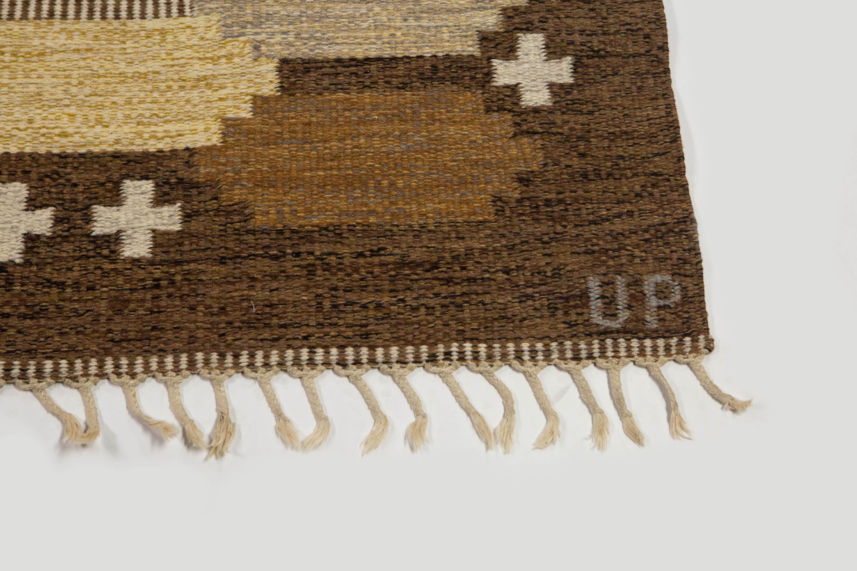 Wool Ulla Parkdal Brown Swedish Flat Weave Hand Woven Rug Signed Up Sweden, 1960's For Sale