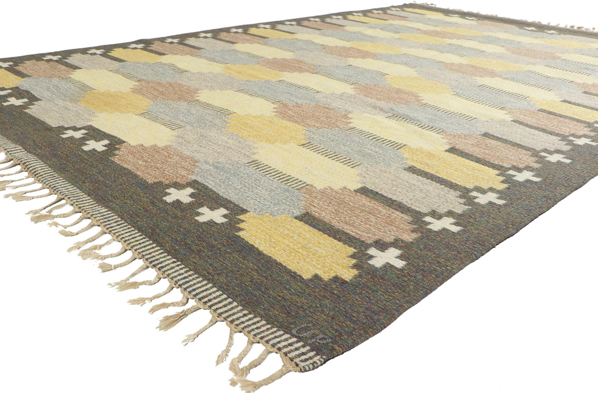 78475 vintage Swedish Rollakan rug by Ulla Parkdal, 06'06 x 10'01. With its Scandinavian Modern style, incredible detail and texture, this handwoven wool vintage Swedish rollakan rug is a captivating vision of woven beauty. The eye-catching