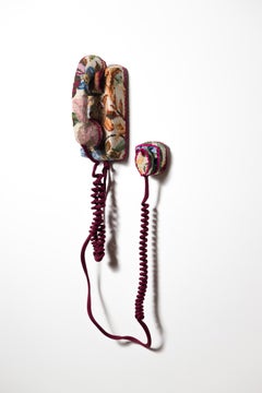 "Burgundy Wall Phone", floral needlepoint wrapped around vintage landline phone