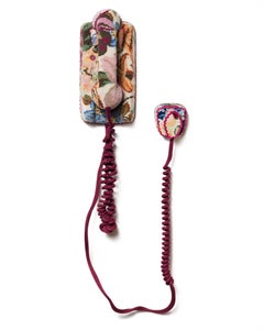 "Burgundy Wall Phone", floral needlepoint wrapped around vintage landline phone