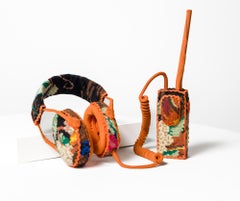 "Communication", floral needlepoint on vintage headphones and walkie talkie