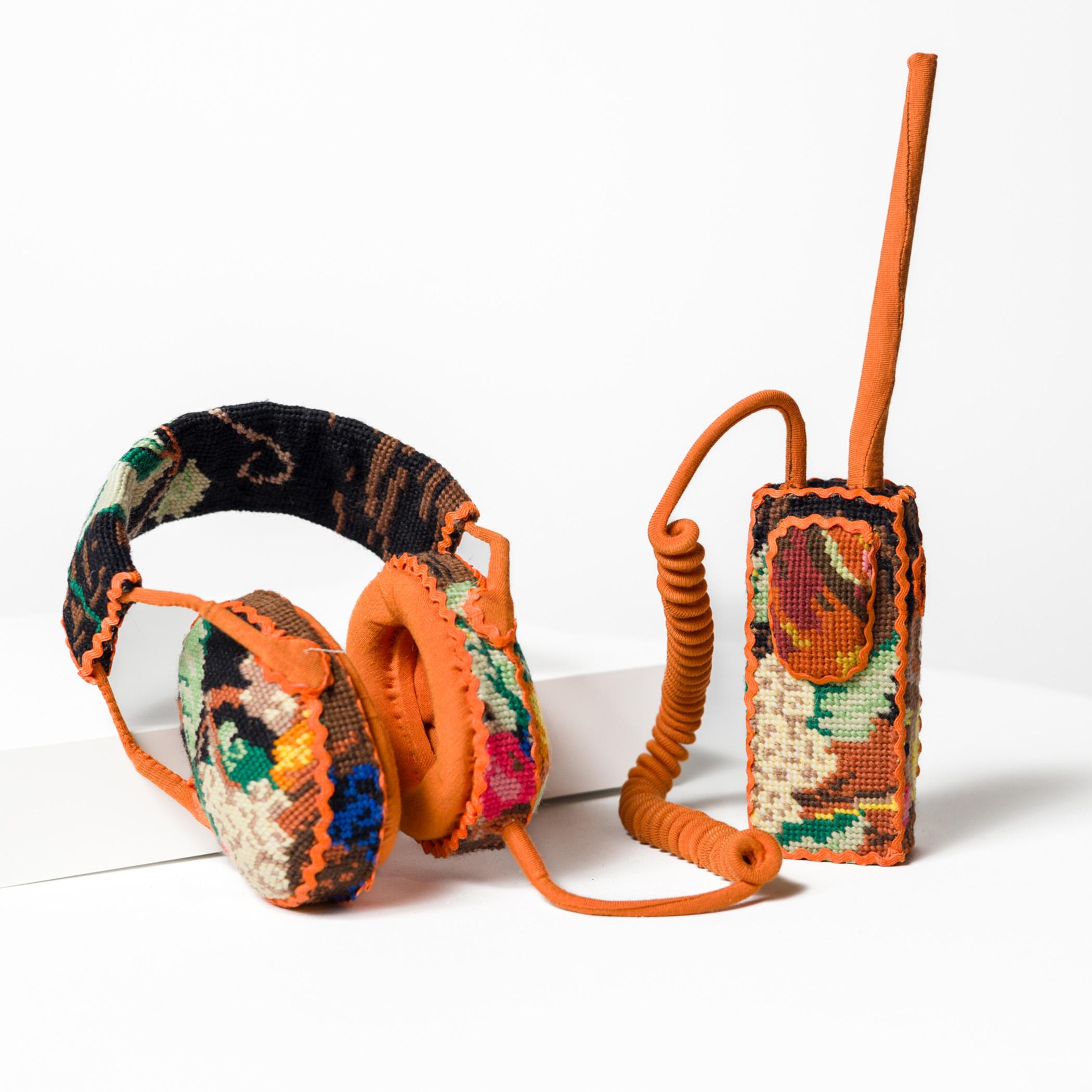 "Communication", floral needlepoint on vintage headphones and walkie talkie - Mixed Media Art by Ulla-Stina Wikander