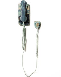 "Fishing Boat Wall Phone", Needlepoint of water scene on vintage telephone