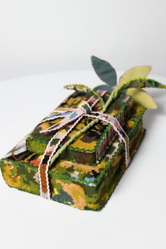 "Present", Embroidered landscape wrapped into flower, ribbon, and book sculpture