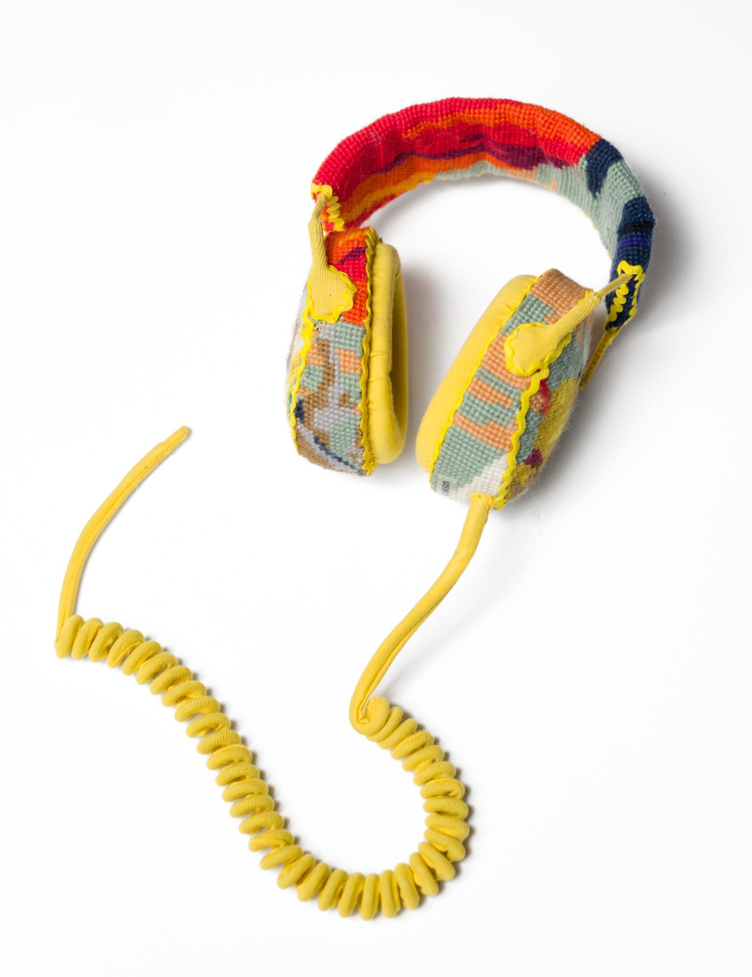 "Yellow Headphones", Vintage needlepoint embroidery on headset - Mixed Media Art by Ulla-Stina Wikander