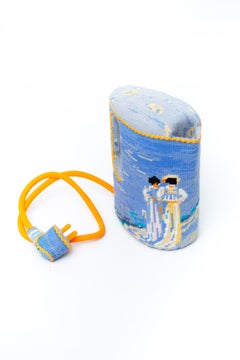 "Blue Kettle" Vintage needlepoint embroidery on vintage found object