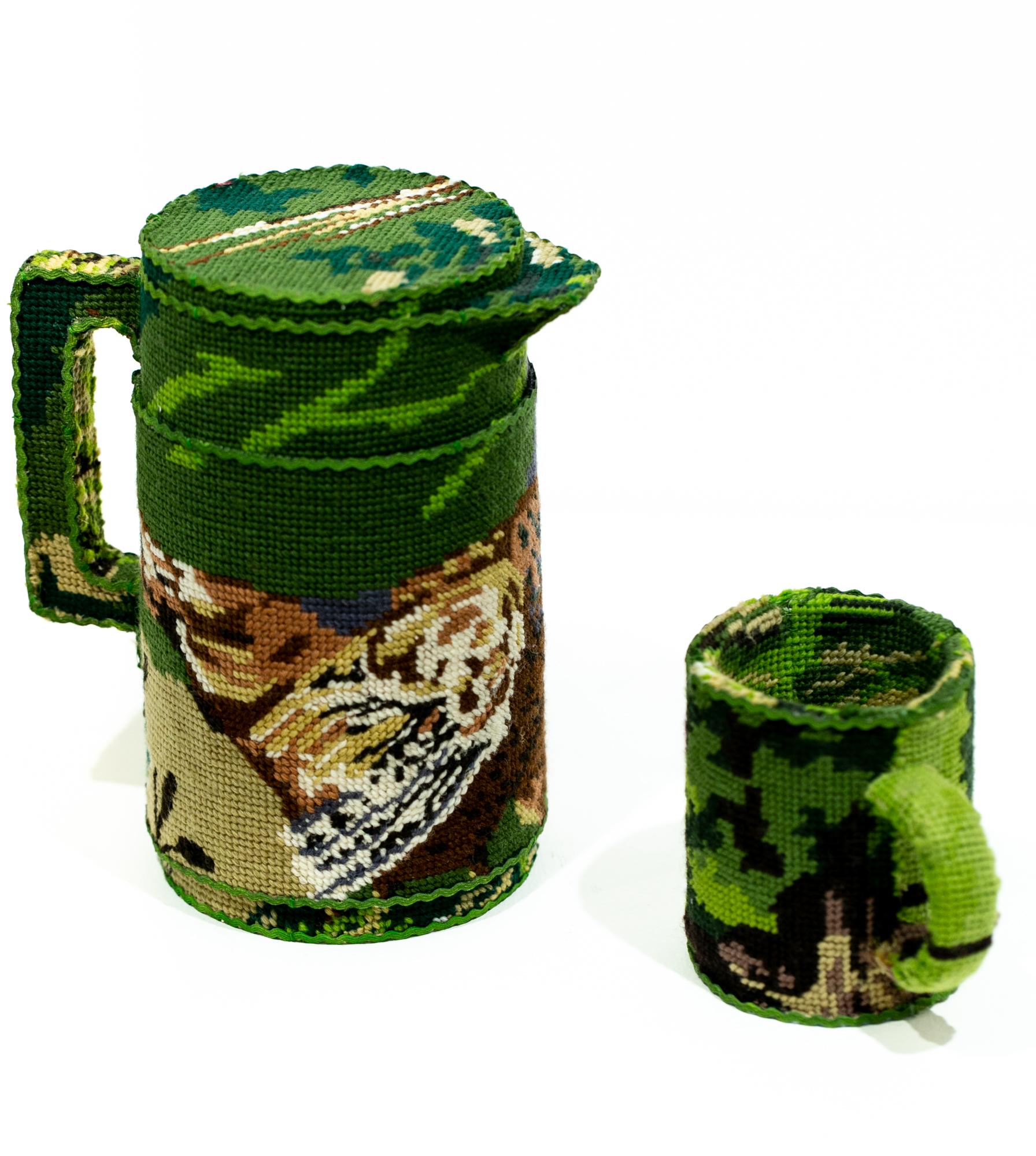"Thermos and Mug", Needlepoint Embroidery, Textile Art, Found Object Sculpture