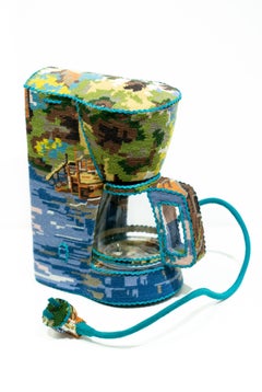 "Turquoise Coffee Brewer", Textile Art, Found Vintage Object, Sculpture 