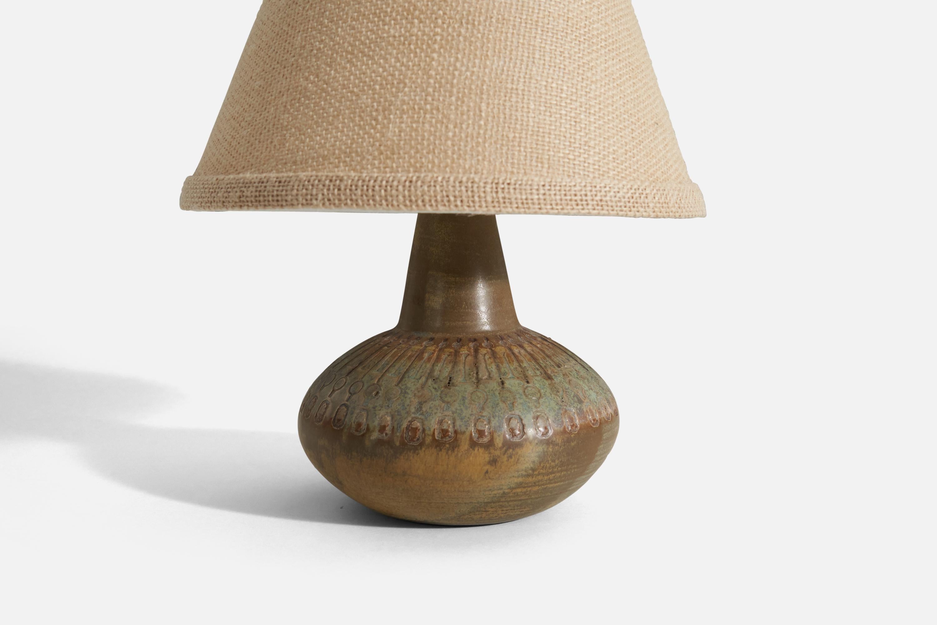Swedish Ulla Winbladh, Table Lamp, Glazed Incised Stoneware, Sweden, 1950s For Sale
