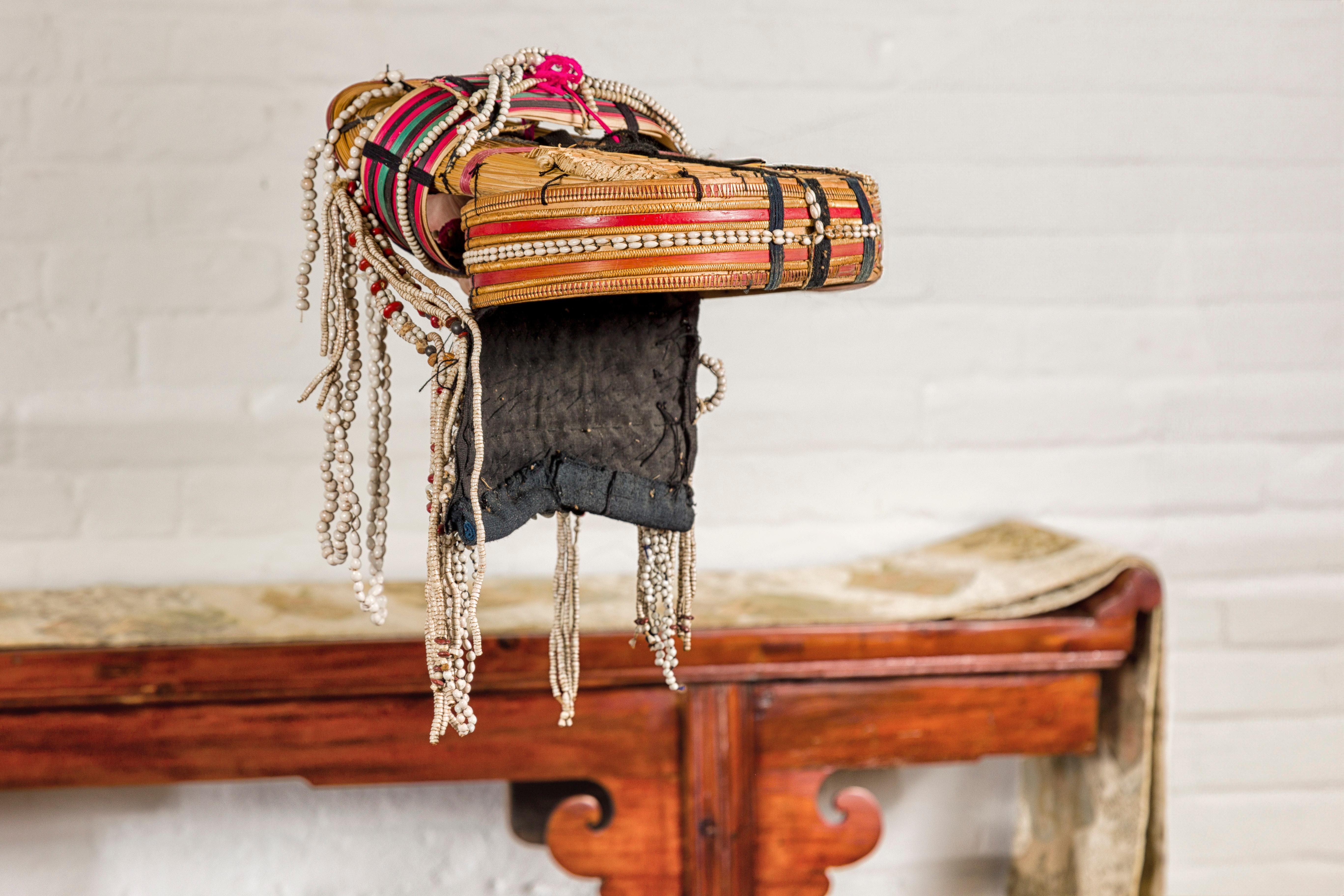 20th Century Ulo Tribal Akha Woman's Headdress with Framework of Bamboo and Beads For Sale
