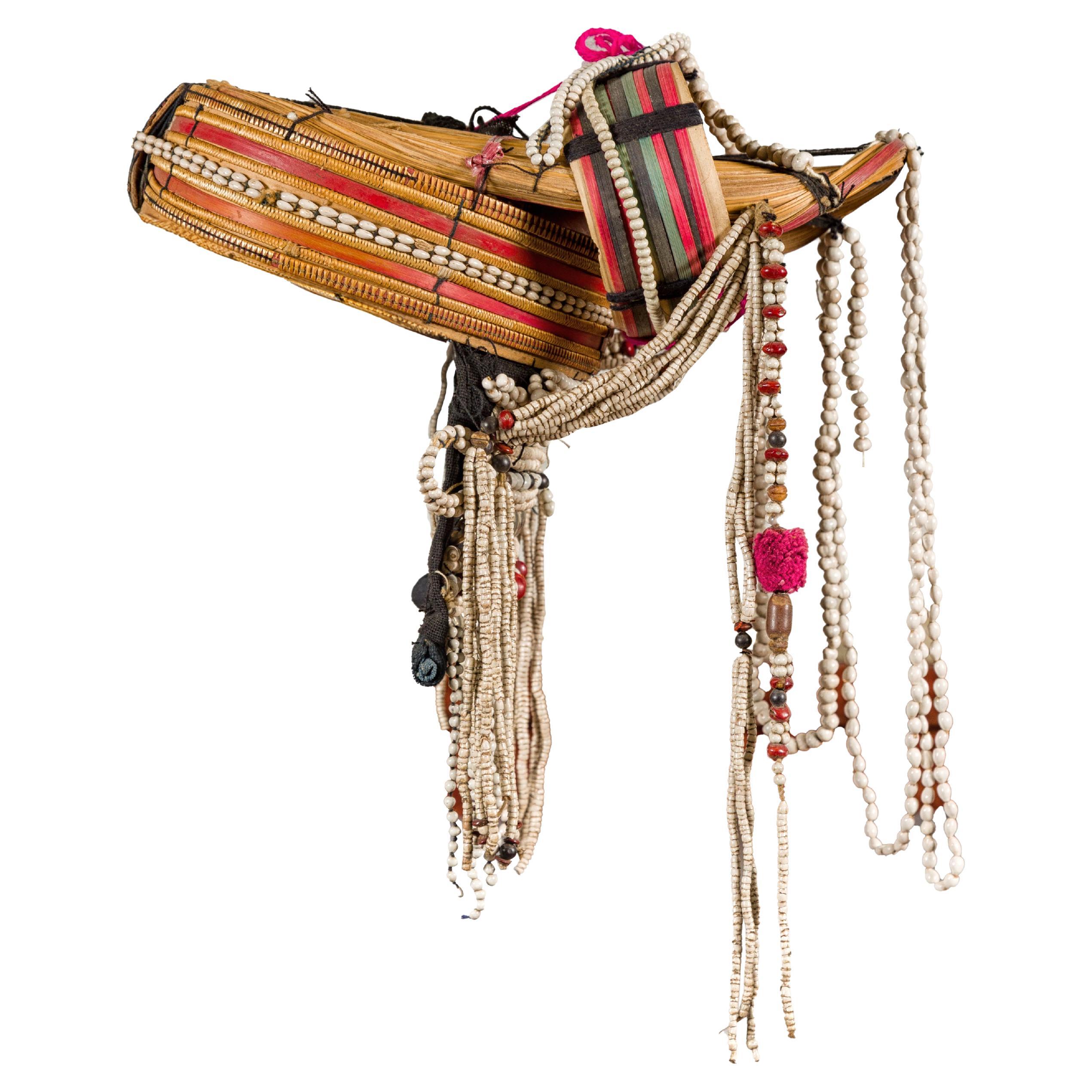 Ulo Tribal Akha Woman's Headdress with Framework of Bamboo and Beads For Sale