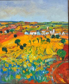 Bunte spanische Dorflandschaft mit dickem Impasto und gelben Feldern Ölkunst
