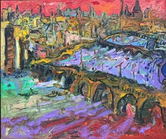 Londres Río Támesis Paisaje urbano expresionista con pintura al óleo de color Impasto Audaz