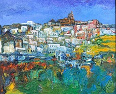 Textured Andalusian White Village Landscape Expressive Impasto Oil Canvas Spain