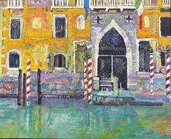 Venice Palace and Gondola Mooring Colorful Impasto Canal View Oil Painting Italy