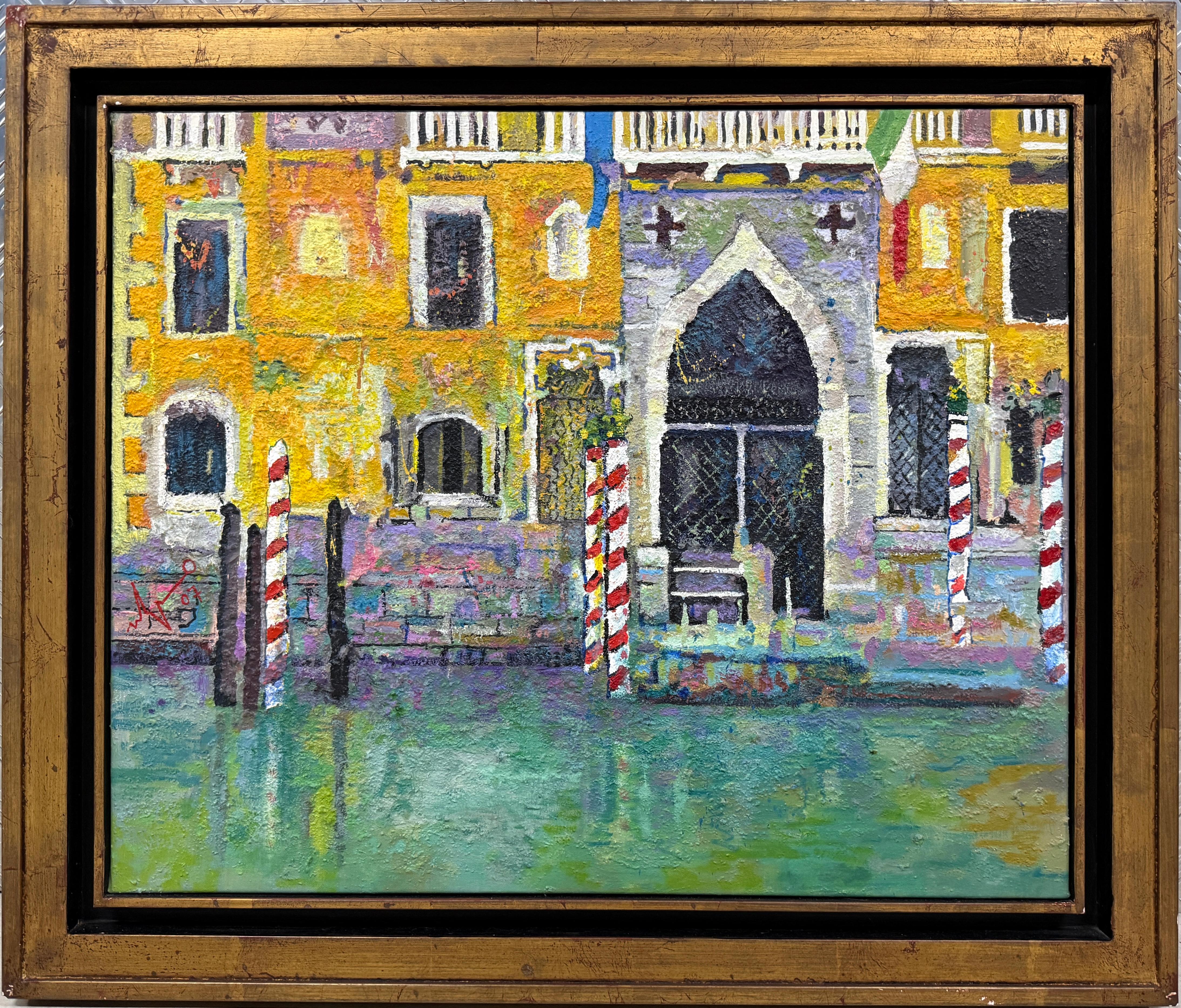 Ulpiano Carrasco Landscape Painting - Venice Palace and Gondola Mooring Colorful Impasto Canal View Oil Painting Italy