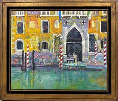 Venice Palace and Gondola Mooring Colorful Impasto Canal View Oil Painting Italy
