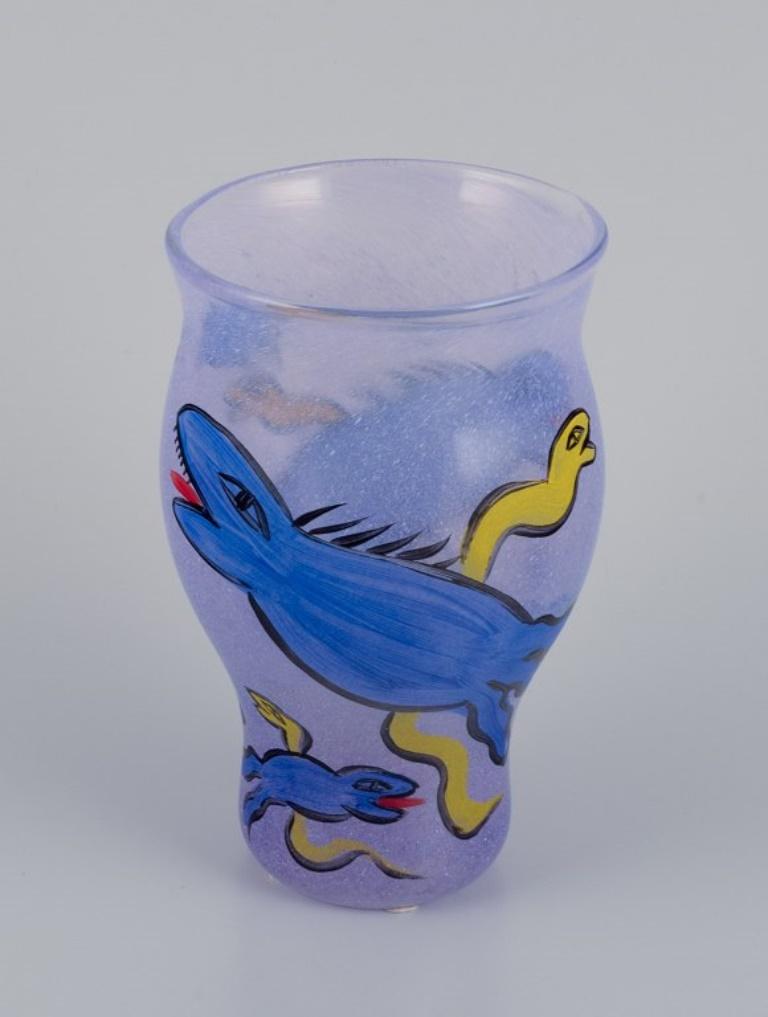Ulrica Hydman Vallien for Kosta Boda, Sweden. 
Art glass vase hand-painted with fantasy animals.
Late 20th century.
In excellent condition.
Dimensions: H 18.2 cm x D 10.8 cm.