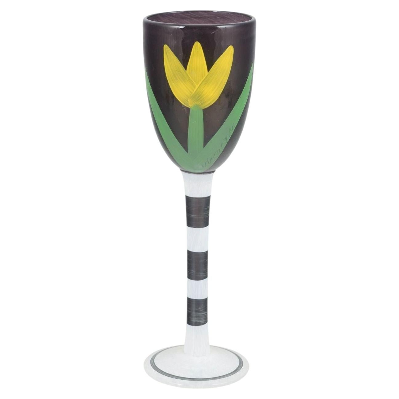 Ulrica Hydman Vallien for Kosta Boda. Tall wine glass with floral motif, 1990s For Sale