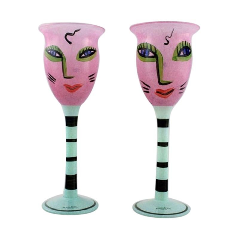 Ulrica Hydman Vallien for Kosta Boda, Two Hand Painted Wine Glasses