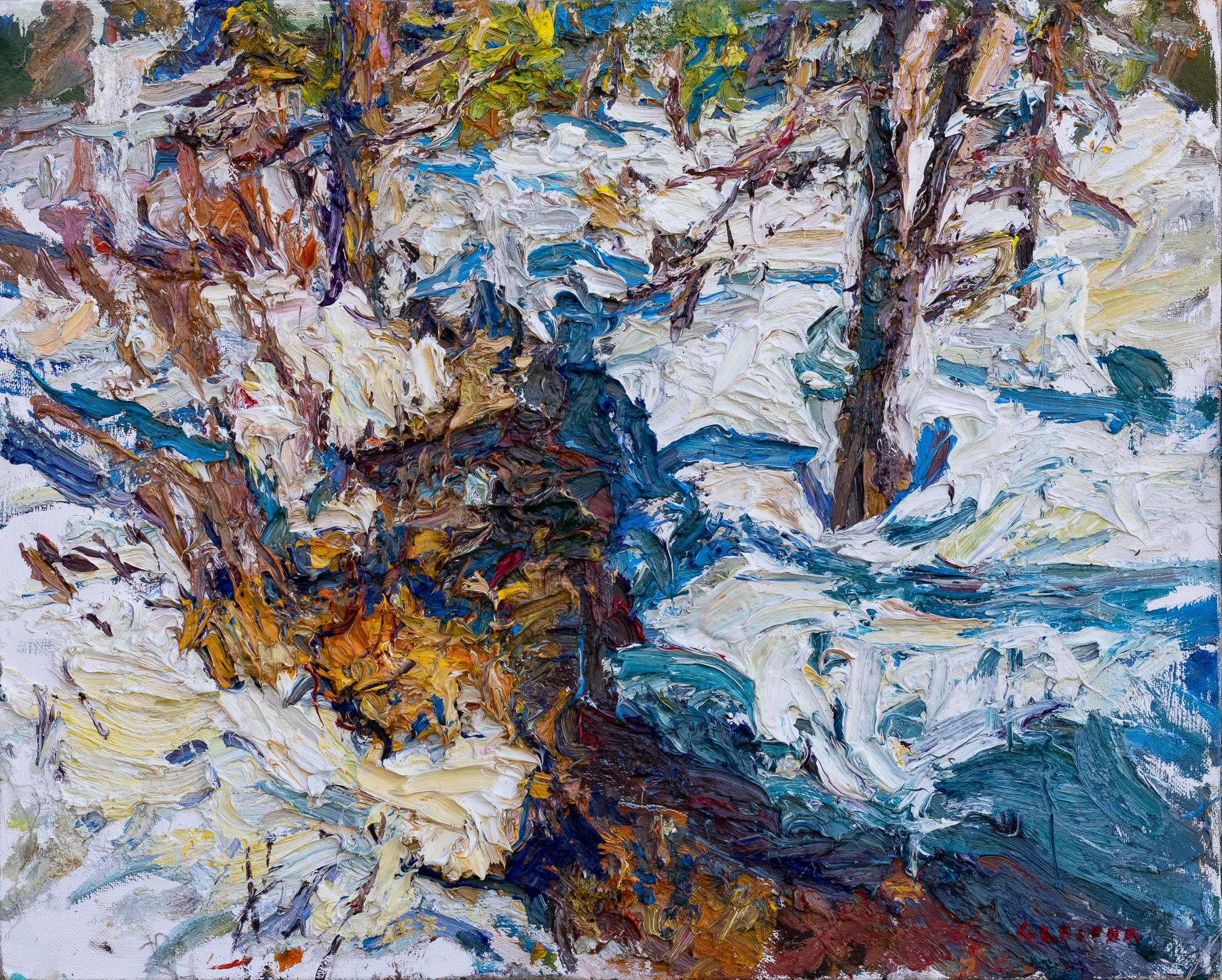 "At Lost Trail Pass" - Paysage d'hiver impressionniste, peinture à l'huile sur lin