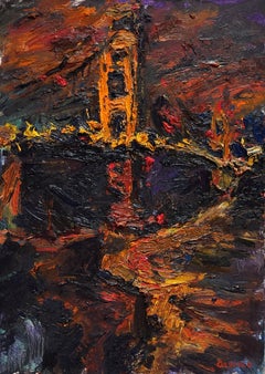 "At Night, Golden Gate" - Impressionist Cityscape and Skyscape, Oil Painting