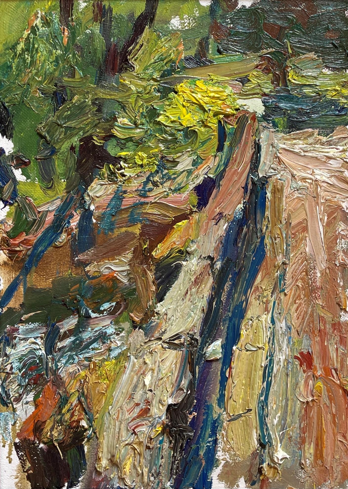 Figurative Painting Ulrich Gleiter - "Au pont (à Perrigny, Bourgogne)" (2025), peinture à l'huile originale sur lin