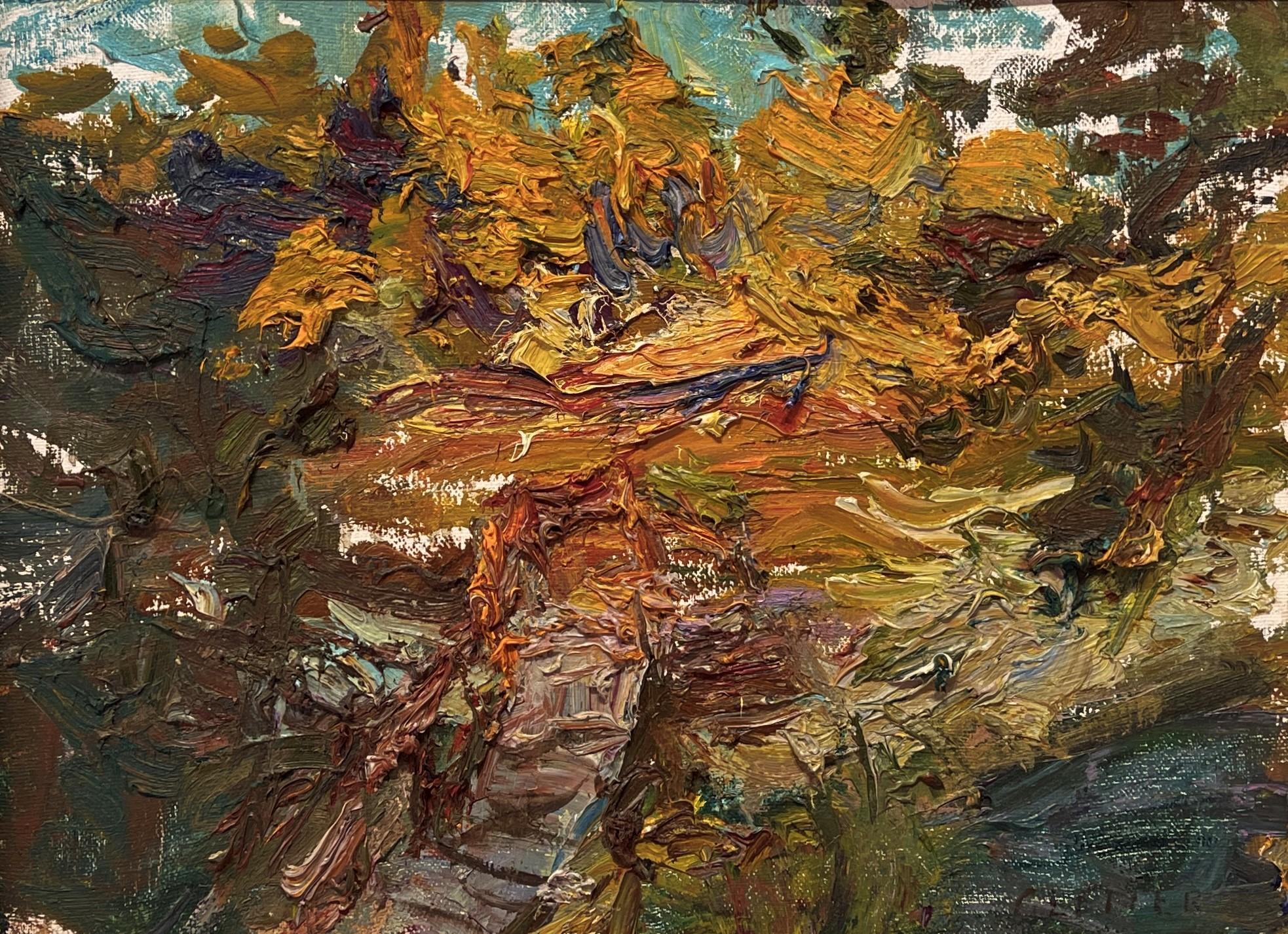 Ulrich Gleiter Figurative Painting - "Evening Light" (2021), Original Forest Landscape, Oil Painting on Linen