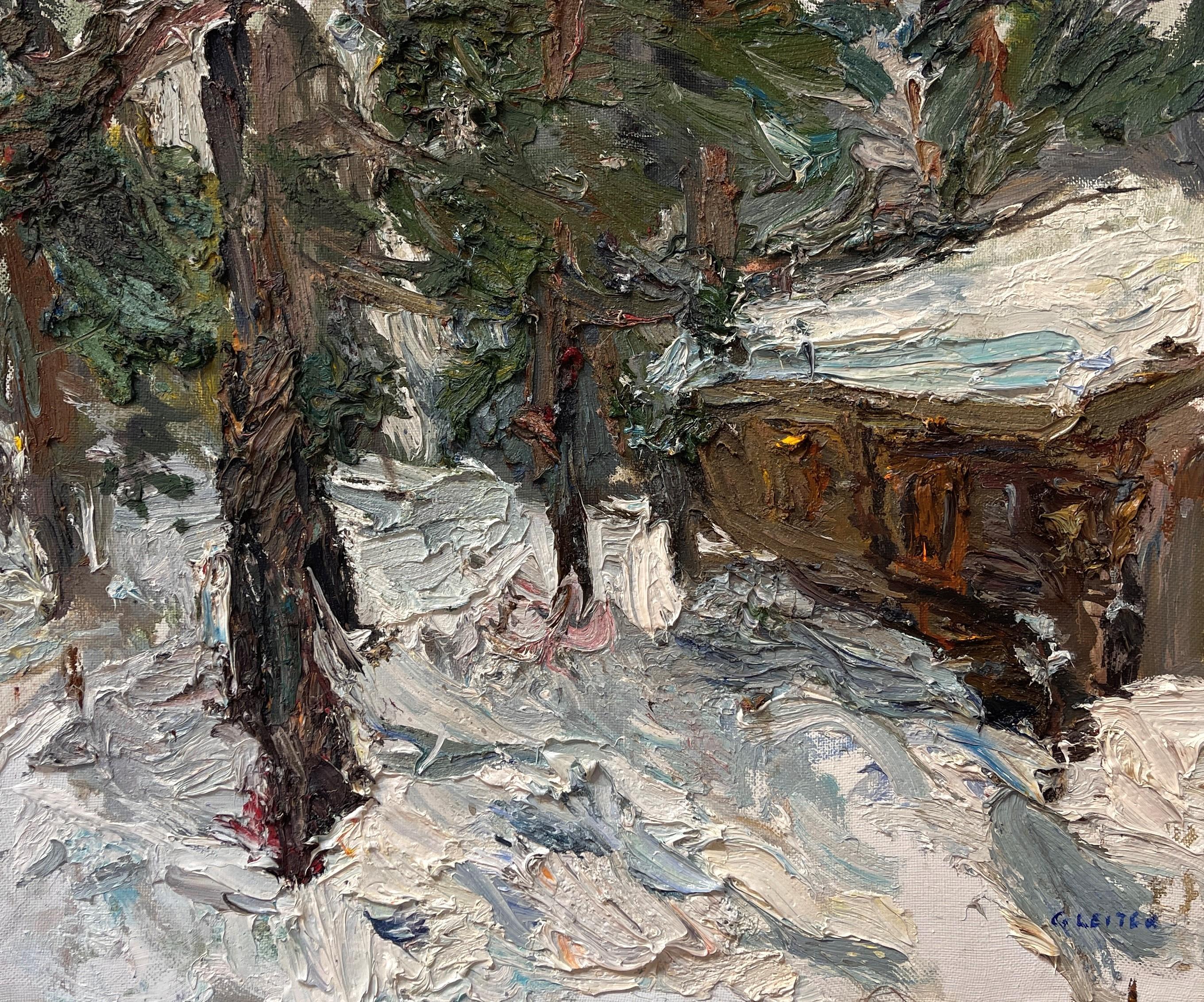 Figurative Painting di Ulrich Gleiter - "Finland Cabine" (2023)", Paesaggio invernale originale - Pittura a olio su lino