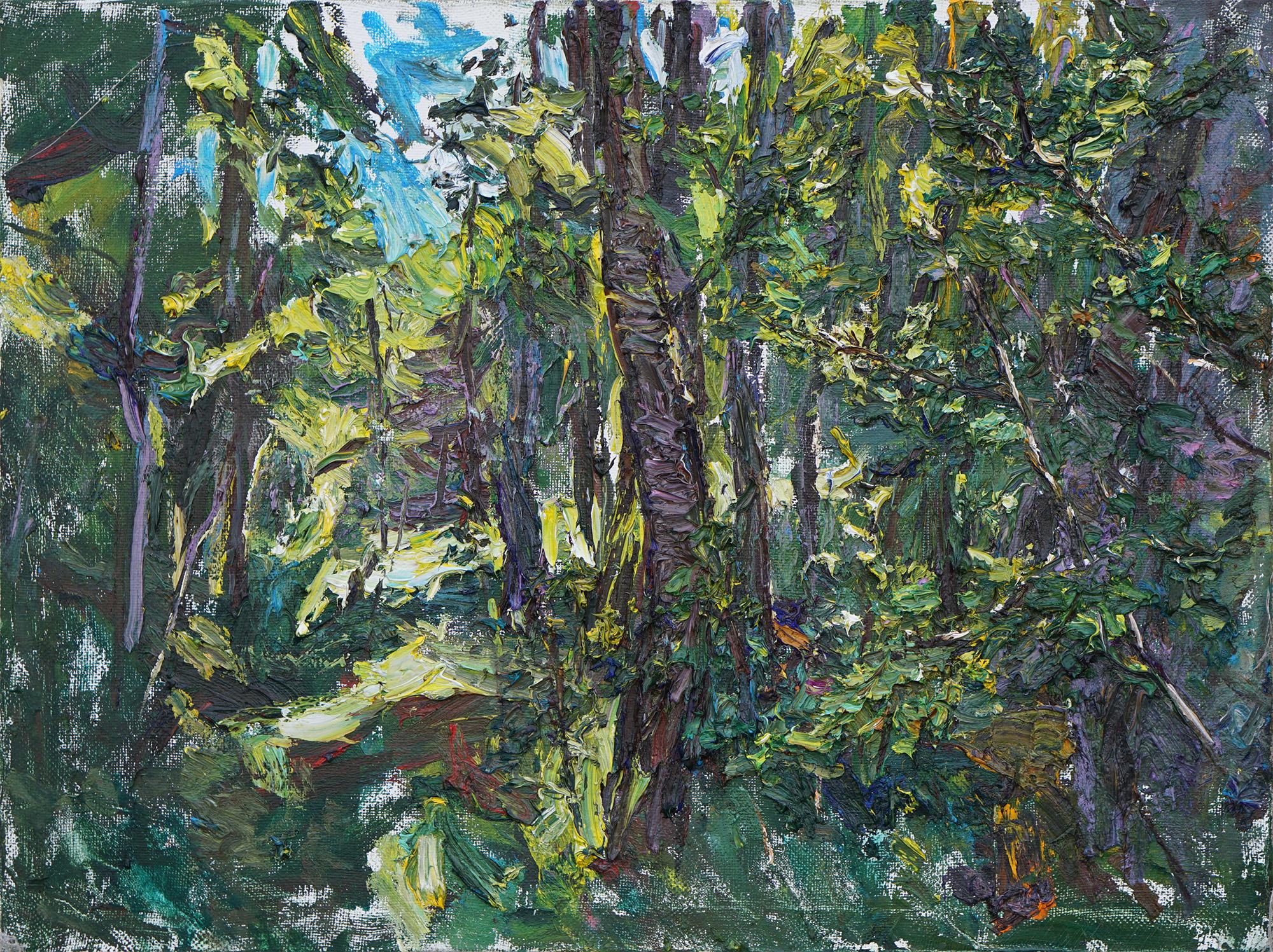 Landscape Painting Ulrich Gleiter - Peinture à l'huile « Greens in a Forest » (verts dans une forêt)