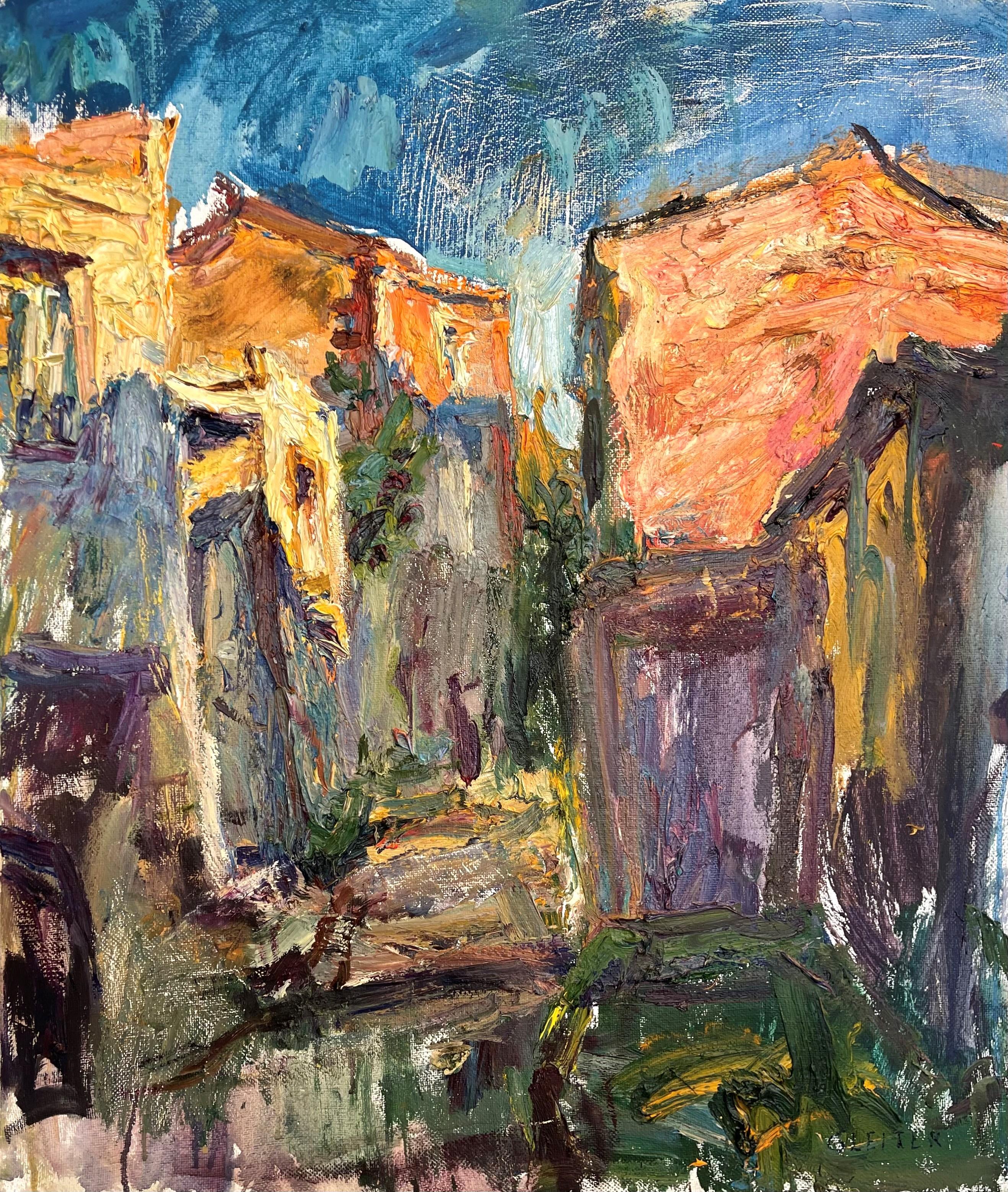 Landscape Painting de Ulrich Gleiter - "En un pueblo croata - Últimos momentos del atardecer" Pintura al óleo