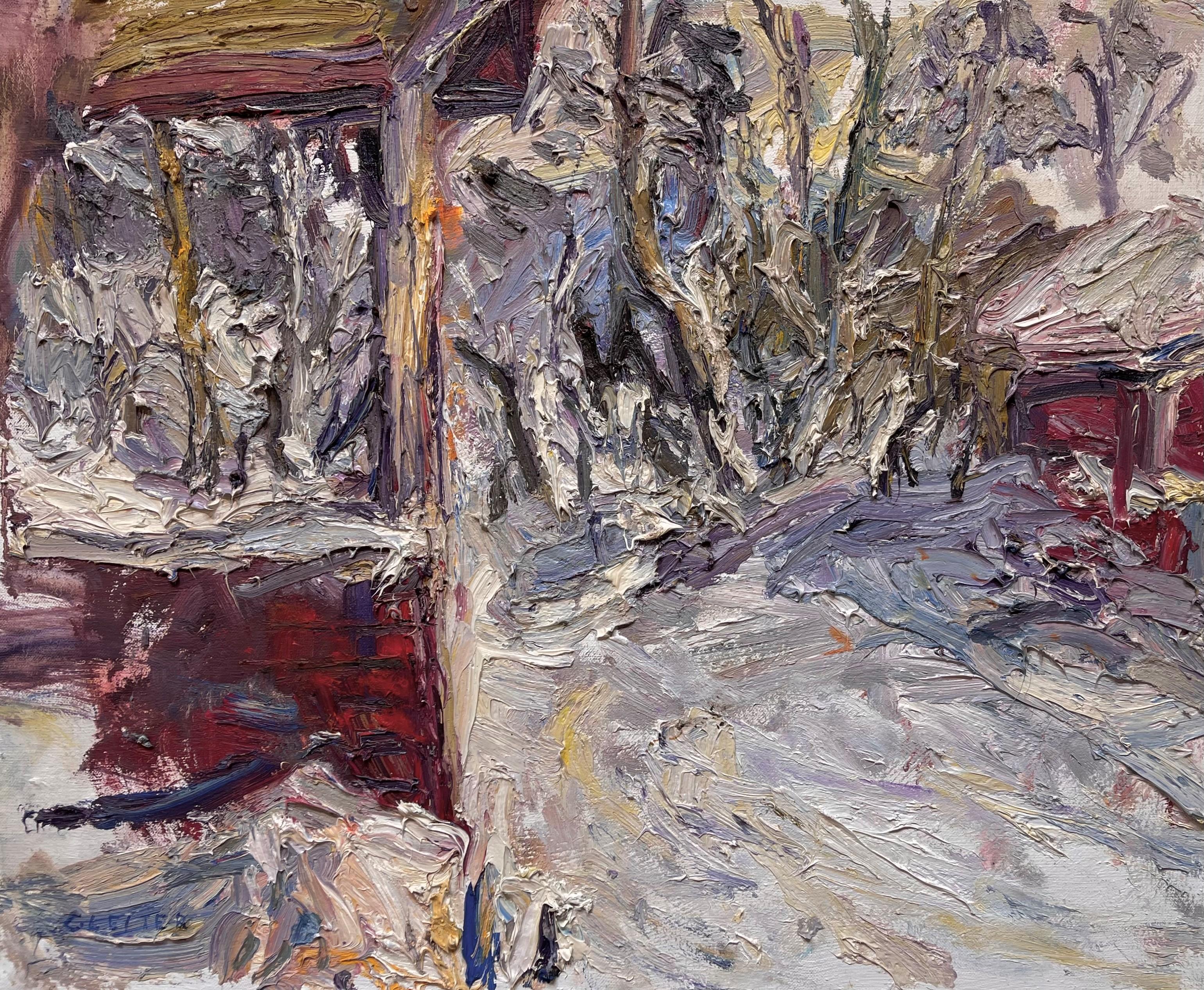 « Vue depuis le porche - Soirée d'hiver en Suède » - Peinture à l'huile