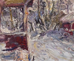 « Vue depuis le porche - Soirée d'hiver en Suède » - Peinture à l'huile