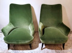 Ulrich Guglielmo Style Pair Italian Armchairs Upholstered in Guild Green Velvet