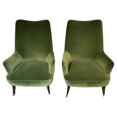 Ulrich Guglielmo Style Pair Italian Armchairs Upholstered in Guild Green Velvet