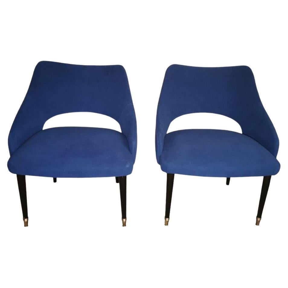 Ulrich Guglielmo Style Pair of Vintage Italian Blue Alcantara Armchairs