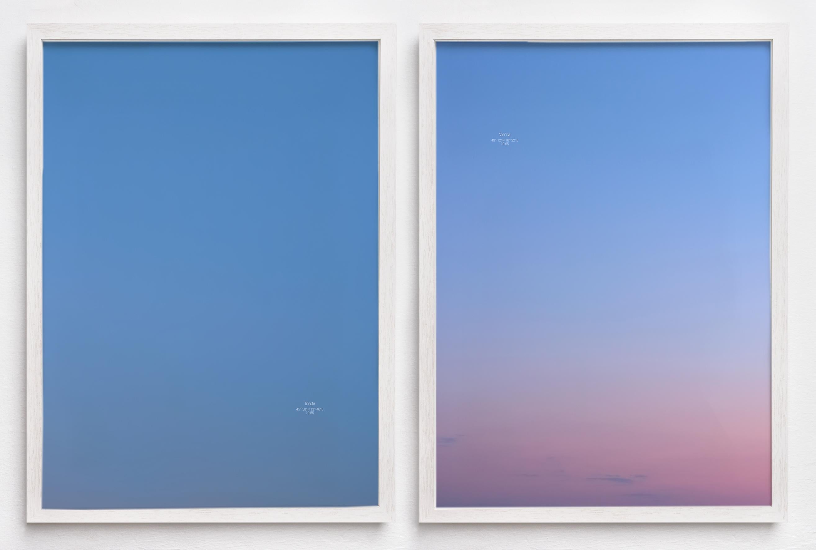 On the other Side of the Sky - 21st Century Abstract Color Photography Sunset
Trieste / Vienna, 19:55
Diptych, 2 pieces, 70 x 50 cm each
Edition 1/5+2 AP
Prints are unframed and come with labels signed by the artist.

When we look at the sky, we see